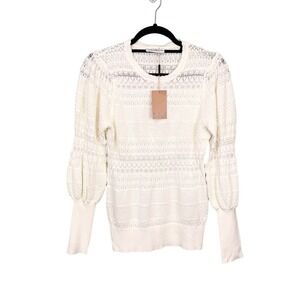GALLERY Women's Ivory Long Balloon Sleeve Crew Neck Pointelle Jumper Medium NWT